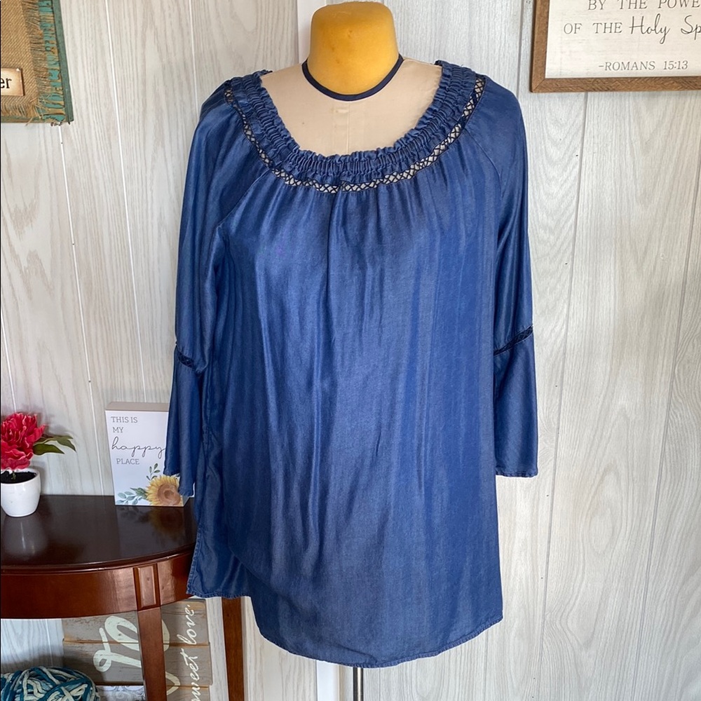 Du Jour Blue lightweight denim Smocked 3/4 Sleeve Blouse